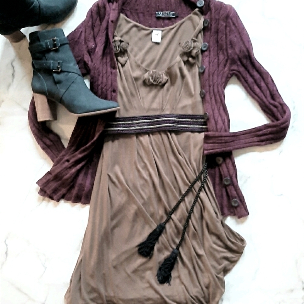 Peruvian Connection Draped Roll Hem Rosette Midi Sleeveless Dress